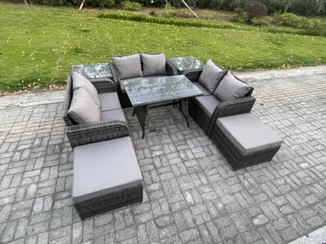 Fimous Outdoor Rattan Garden Furniture Set 8 Seater Patio Love Sofa Set with Rectangular Dining Table 2 Big Footstool 2 Side Tables Dark Grey Mixed