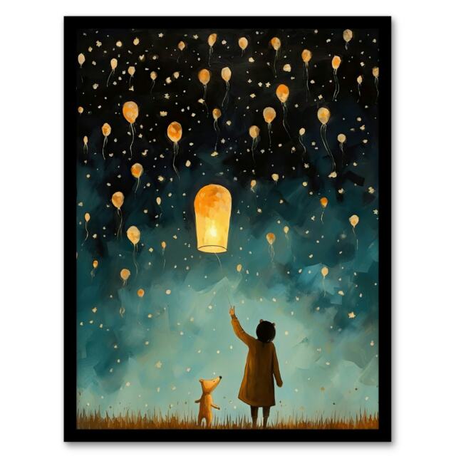 Chinese Sky Lanterns Kids Bedroom Teddy Festival Magic Black Framed Wall Art Print A4