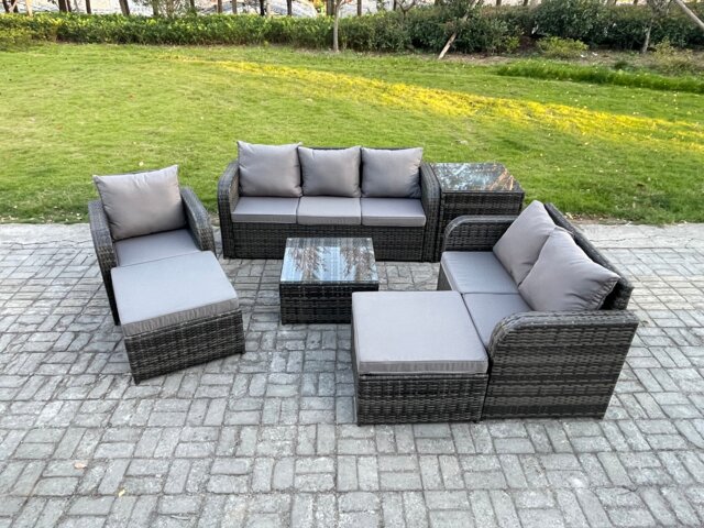 Fimous Indoor Outdoor Rattan Garden Furniture 8 Seater Set Table Sofa Chair Patio Conservatory with Grey Cushions Side Table 2 Big Footstool