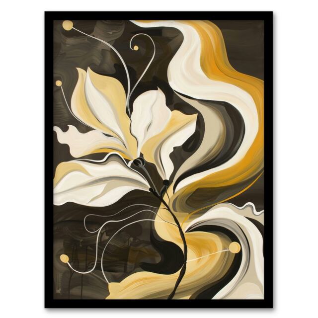 Abstract Yellow Ochre Grey Flower Organic Black Framed Wall Art Print A4