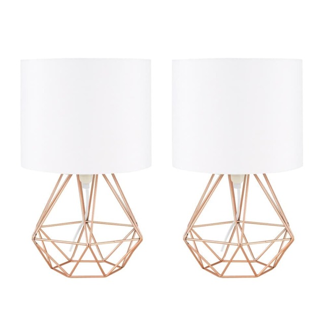 ValueLights Angus Pair Copper Table Lamps White Shades and Bulbs