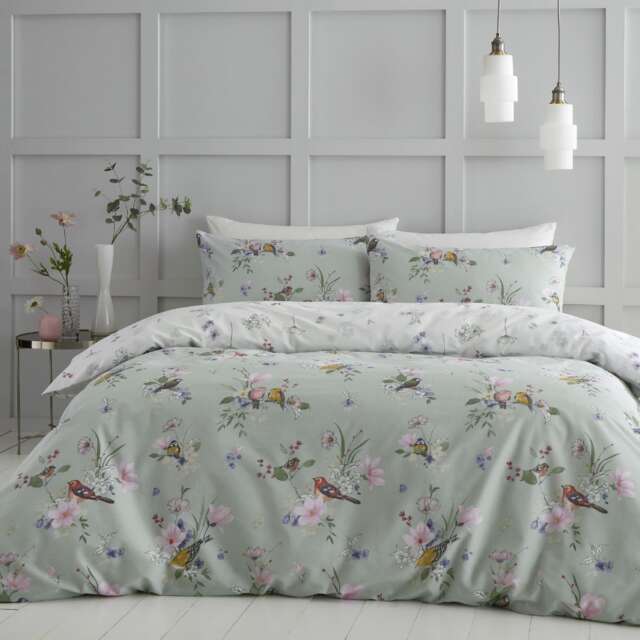 Songbird Reversible Duvet Cover Set Green Sage Green Double