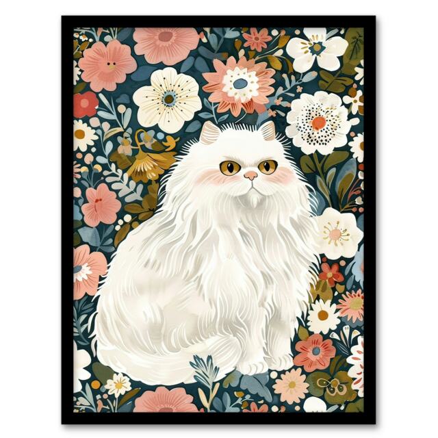 Elegant Persian Cat Lover Flower Garden Portrait Black Framed Wall Art Print A4