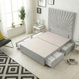 Sunburst Divan Bed with 4 Drawers & 54'' Floor Standing Headboard Linen Fabric Grey Sage