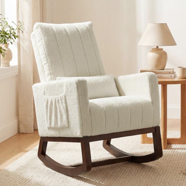 HOMCOM Rocking Chair for Adults, Lounge Rocker w/ Lumbar Pillow, Cream White Cream Cream White One Size