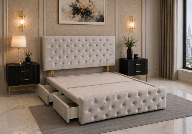 Brooklyn Divan Bed with Upholstered Headboard & Footboard Base - Double Silver Plush 4 Drawers