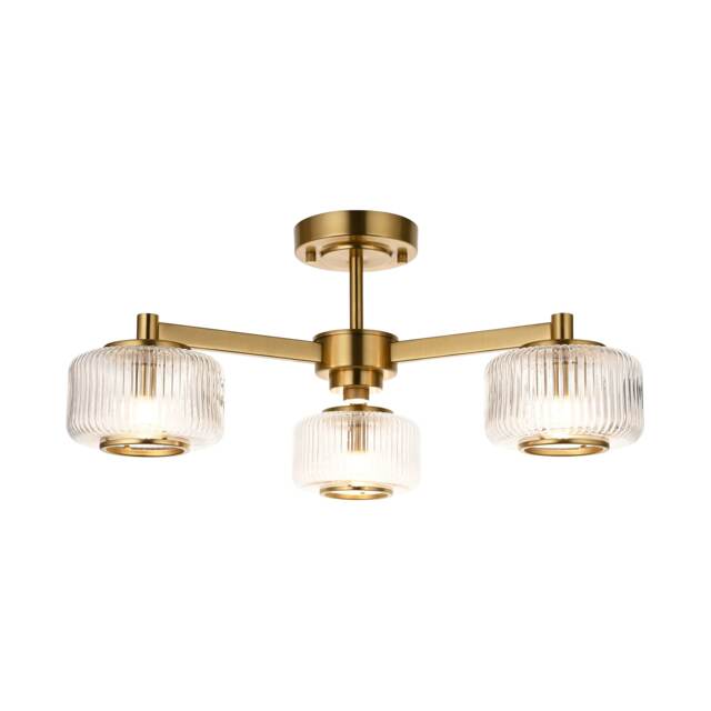 Stamford Multi Arm Semi Flush Ceiling Lamp Brushed Aged Brass Plate & Clear Ribbed Glass 3x G9