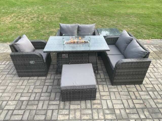 Fimous Patio Rattan Garden Furniture Set with Gas Fire Pit Dining Table,Big Footstool and Side Table Indoor Outdoor 6 piece Love Sofa set