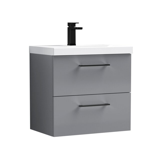 Balterley Wall Hung Bathroom 2 Drawer Vanity Unit and 1 Tap Hole Ceramic Basin, with Handles Grey Satin Grey