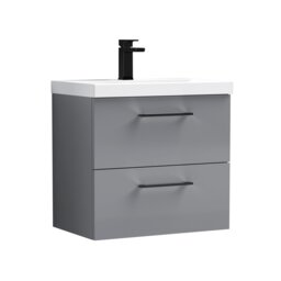 Balterley Wall Hung Bathroom 2 Drawer Vanity Unit and 1 Tap Hole Ceramic Basin, with Handles Grey Satin Grey