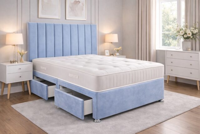 Single 3ft Light Blue Divan Plush Set with headboard and mattress 2 Drawers Same Side