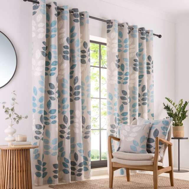 Portfolio Home Springfield Leaf Teal 90 x 90 Inches Fully Lined Eyelet Curtains Blue