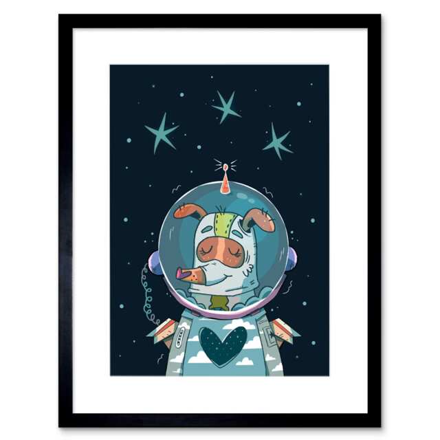 "Cartoon Astronaut Laika Space Dog Lover Kids Bedroom 9x7"" Black Framed Wall Art Print"