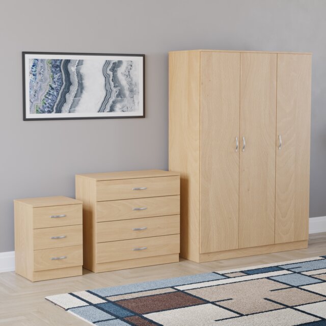 Vida Designs Riano 3 Piece Bedroom Set (3 Drawer Bedside Chest, 4 Drawer Chest, 3 Door Wardrobe), Pine (5)