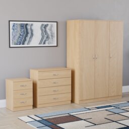 Vida Designs Riano 3 Piece Bedroom Set (3 Drawer Bedside Chest, 4 Drawer Chest, 3 Door Wardrobe), Pine (5)
