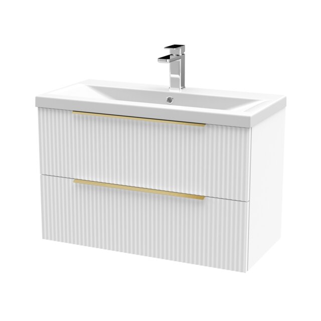 Balterley Fluted Front Wall Hung 2-Drawer Bathroom Vanity Unit with 1 Tap Hole Basin, Handles White Satin White