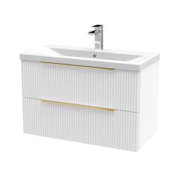 Balterley Fluted Front Wall Hung 2-Drawer Bathroom Vanity Unit with 1 Tap Hole Basin, Handles White Satin White
