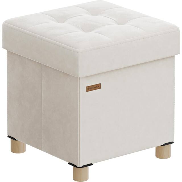 Folding Velvet Storage Ottoman, Small Cube Footrest with Lid, Ideal for Bedroom or Entryway, Cappuccino Beige