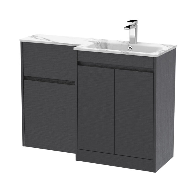 Balterley Chartley Contemporary Floor Standing 2 Door Vanity Basin WC Combination Unit, Carrera Marble Stone Basin, Right Hand, 1100mm, Woodgrain