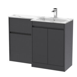 Balterley Chartley Contemporary Floor Standing 2 Door Vanity Basin WC Combination Unit, Carrera Marble Stone Basin, Right Hand, 1100mm, Woodgrain