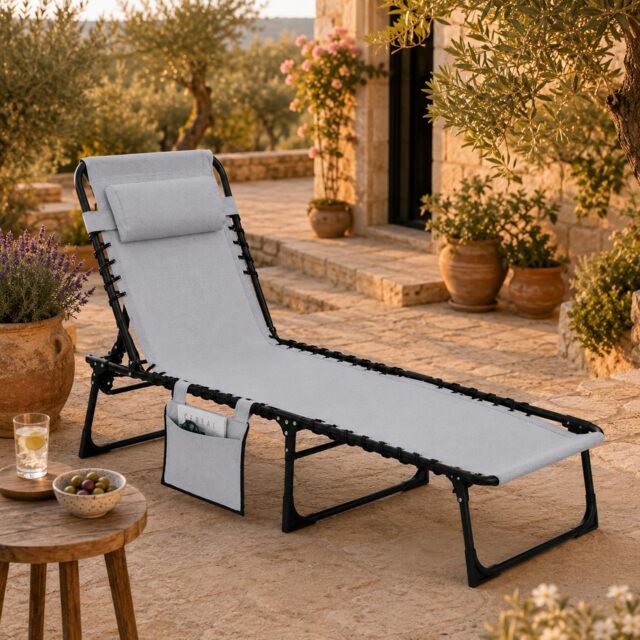Grey Folding Sun Lounger with Adjustable Backrest - Portable Sunbed Chair, Steel Frame, Oxford Fabric, Garden Recliner Bed