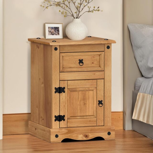 Mercers Furniture Corona Medium Pot Cupboard Bedside Cabinet 1 Door 1 Drawer Solid Wood Pine with Mexican Styling Wooden