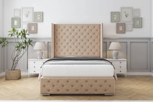 "Sloomy Arundel Pebble Plush Bed Frame With Mattress With 50"" Upholstered Wingback Headboard 6' Super King"