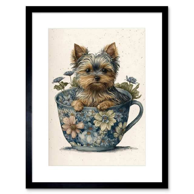 "Cute Teacup Yorkshire Terrier Dog Flowers Floral Tea Cup 9x7"" Black Framed Wall Art Print"