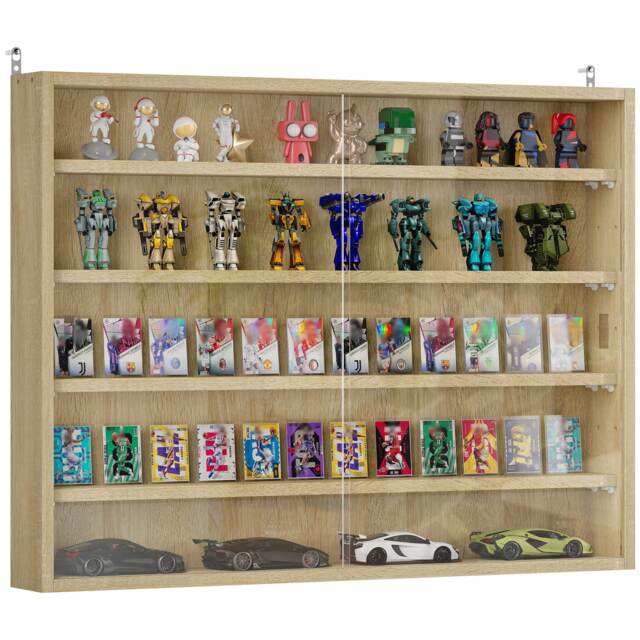 HOMCOM 5-Tier Wall Display Shelf Unit Cabinet w/ Shelves Glass Doors Oak White