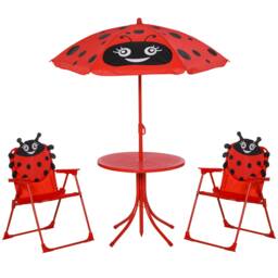 Outsunny Kids Folding Picnic Table Chair Set Ladybug Pattern Outdoor w/ Parasol Red Red