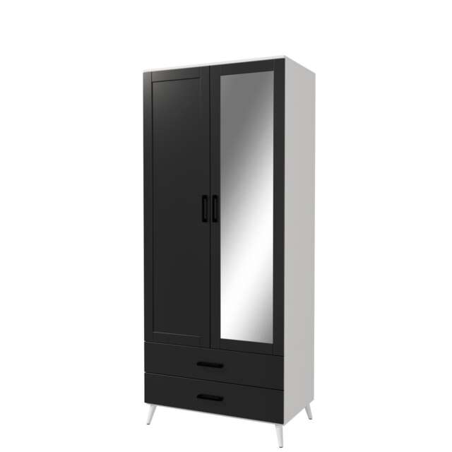 2-Door 2-Drawer Mirror Wardrobe with Legs White White & Black 55 x 9.5 x 149 1
