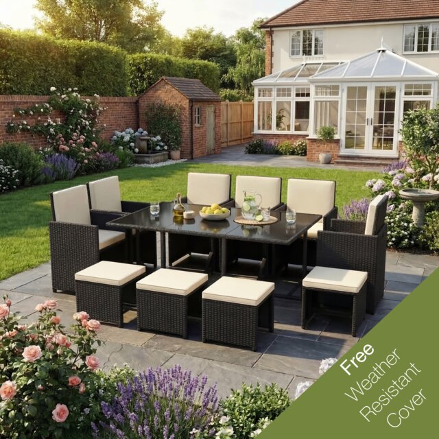 Garden Vida Cuba 10 Seater Rattan Set Folding Chair Stool Dining Table Outdoor Garden Furniture With Cover, Black