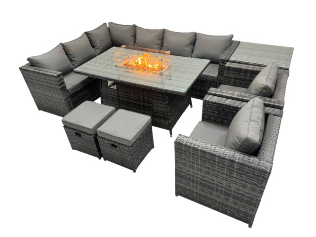 Fimous Rattan Garden Furniture Dining Set 10-seater Gas Firepit Dining Table Corner Sofa Set with 2 Small Stool Side Table Dark Grey Mixed