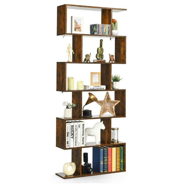 COSTWAY 6-tier Bookcase Industrial Bookshelf Rack Brown Brown