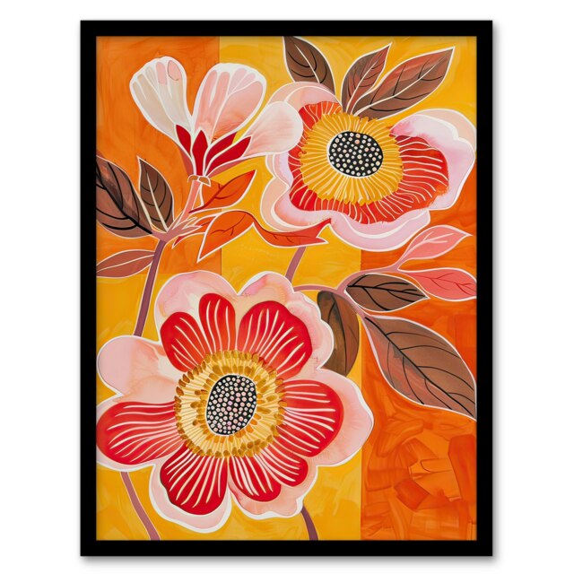 Abstract Pink Wildflowers Bright Living Room Black Framed Wall Art Print A4
