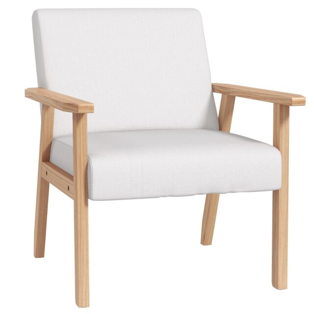 HOMCOM Modern Armchair, Linen Upholstered Sofa with Solid Wood Legs and Wide Seat, Accent Chair for Living Room Bedroom Office, Cream White