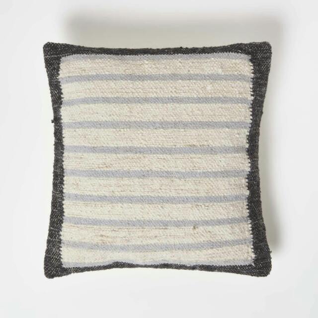 Homescapes Veria Handwoven Grey Stripe Kilim Cushion - 45 x 45 cm Grey Cream, Grey 1