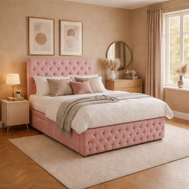 Double pink chesterfield divan bed plush with headboard and footboard storage No Drawers