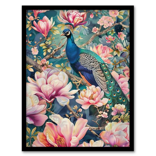 Peacock ird Cherry Blossom Flower Tree Home Decor Black Framed Wall Art Print A4