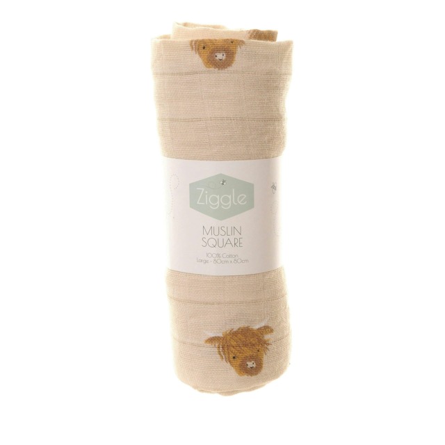 Ziggle Cotton Muslin Square - Neutral Highland Cow Brown L