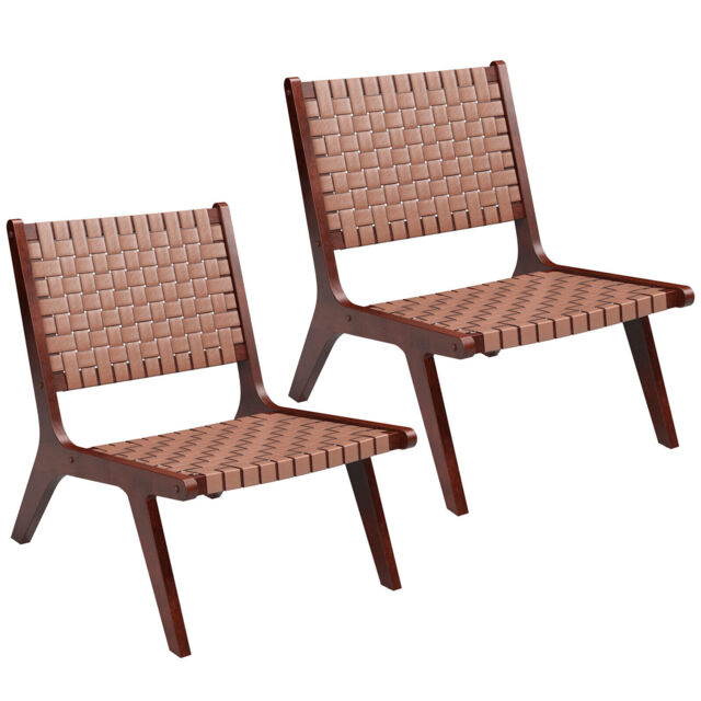 COSTWAY Set of 2 Modern Woven Leather Accent Chair Living Room Lounge Chair W/Wood Frame
