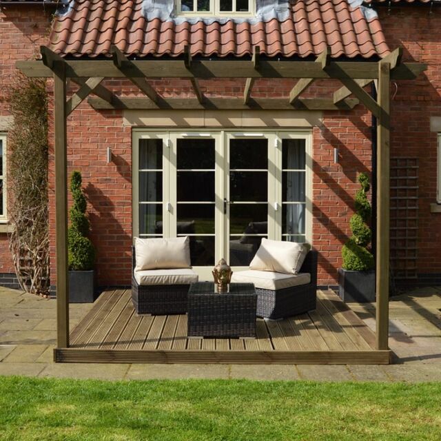 Wall Mounted Pergola and Decking Kit - L240 x W240 x H270 cm - Rustic Brown