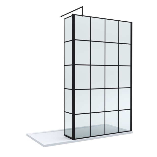 Balterley Glass Walk In Wetroom Screen and Hinged Return Screen with Framed Design and Shower Tray Black Matt Black