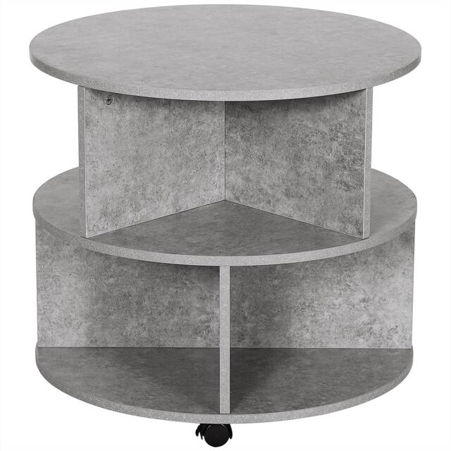 HOMCOM Round Coffee Table, Movable Centre Table with Divided Shelves and Rolling Wheels, 3 Tier Living Room Table, Cement Colour Grey