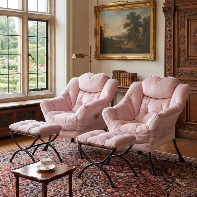 London Boutique 2 PCS Velvet Armchair Soft Upholstered Lounge Chair with Ottoman - Blue