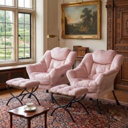 London Boutique 2 PCS Velvet Armchair Soft Upholstered Lounge Chair with Ottoman - Blue