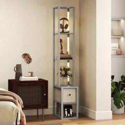 HOMCOM Floor Lamp with Shelves, LED Column Modern Standing Lamp with Fabric Drawer, Adjustable Brightness, Foot Switch for Living Room, Bedroom, Office, Grey Grey