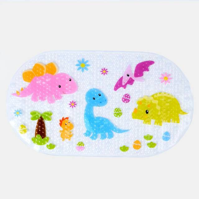 OHS Kids Dino Print Anti-Mould Suction Cup Non-Slip PVC Inside Shower Bath Mat, 69x39cm - Clear
