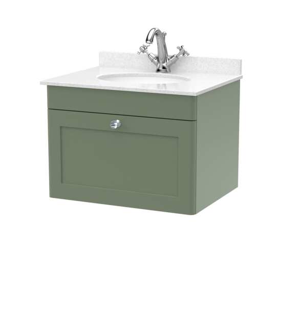 Balterley Swynnerton Traditional 1 Drawer Wall Hung Vanity Unit with Marble Basin, Satin Green, 600mm