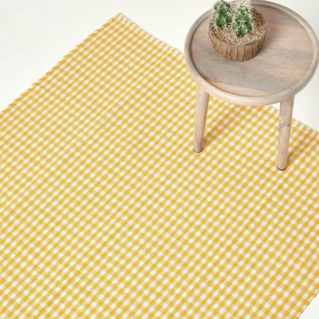 Homescapes Cotton Gingham Check Rug Hand Woven Yellow White - 110 x 170 cm Yellow Yellow